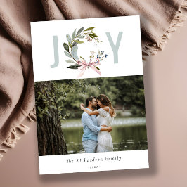 ジョイ赤面ブルーグリーンウィンタークリスマスリース写真 シーズンカード