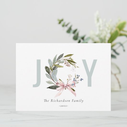 ジョイ赤面ブルーグリーンウィンタークリスマスリース シーズンカード (スタンド正面)