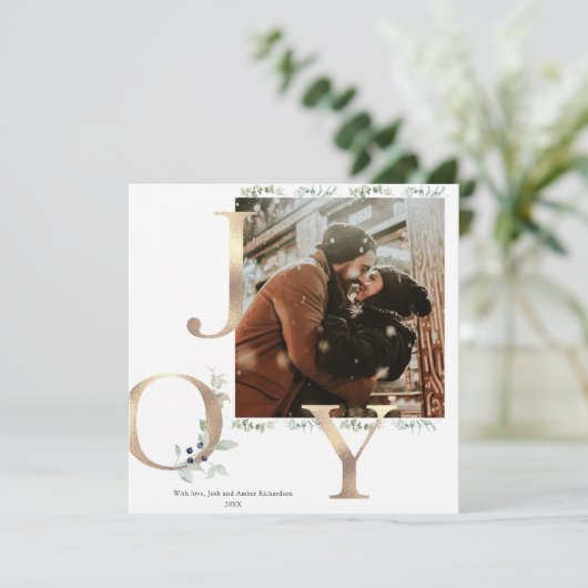 ジョイ金ゴールドほこりっぽい青い緑のクリスマスフォトカード (スタンド正面)