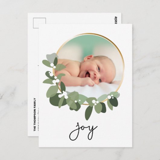 ジョイ金ゴールドリースベビーフォトクリスマス ポストカード (正面/裏面)