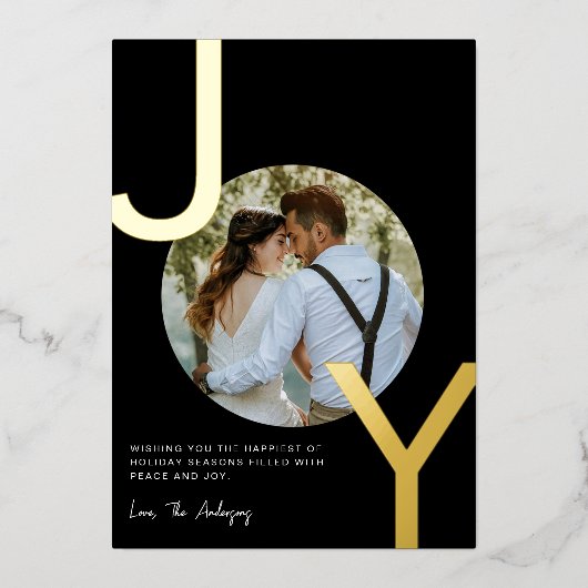 ジョイ金箔ブラックミニマルエレガントリストクリスマス 箔シーズンカード (正面)