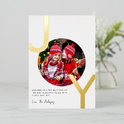 ジョイ金箔ホワイトミニマリストエレガントのクリスマス 箔シーズンカード (立ち正面)