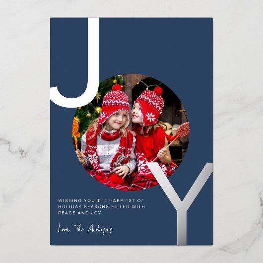 ジョイ銀箔ブルーミニマルエレガントリストクリスマス 箔シーズンカード (正面)