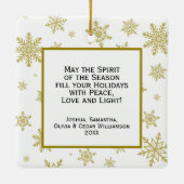 ジョイ!おもしろい金ゴールドと白い雪片クリスマスフォト セラミックオーナメント (裏面)