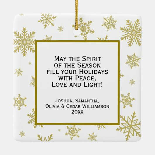 ジョイ!おもしろい金ゴールドと白い雪片クリスマスフォト セラミックオーナメント (裏面)
