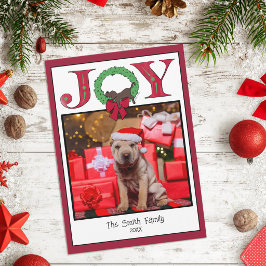 ジョイ クリスマスリース 眠そうな子犬 かわいい シンプル 赤 シーズンカード