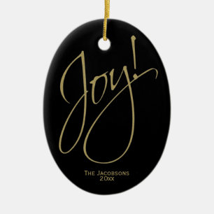 ジョイ!シックミニマルブラック&金ゴールドクリスマスフォト セラミックオーナメント