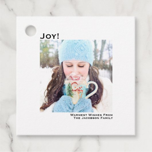 ジョイ！シンプル白ミニマル写真クリスマス フェイバータグ (正面)