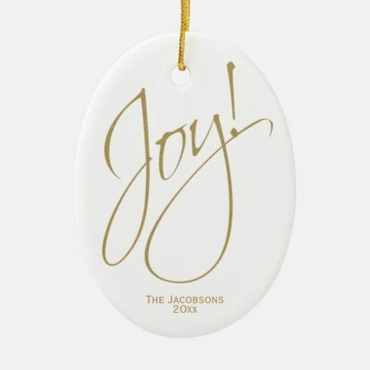 ジョイ！シンプル金ゴールドエレガントとホワイトクリスマスフォト セラミックオーナメント (正面)