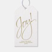 ジョイ!シンプル金ゴールドスクリプトとホワイトクリスマスフォト ギフトタグ (正面)