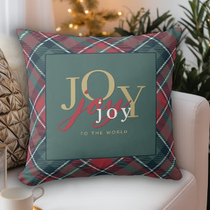 ジョイ・トゥ・ザ・ワールドタイポグラフィ素朴プレイド クッション