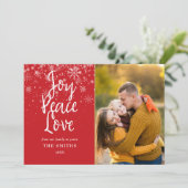 ジョイ·ピース·ラブ脚本の雪片写真クリスマス シーズンカード (スタンド正面)