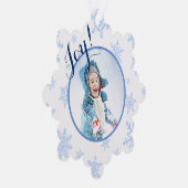 ジョイ！フェスティバル淡い色のブルースノーフレークスホリデーフォト オーナメントカード (右)