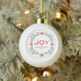 ジョイ フローラル クリスマス リース ファミリー カスタム 名前 セラミックボールオーナメント