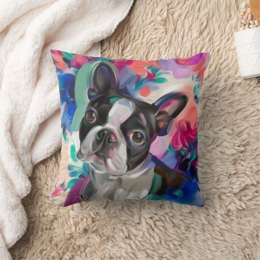 「ジョイ」ボストンテリアードッグアート枕 クッション (ブランケット)