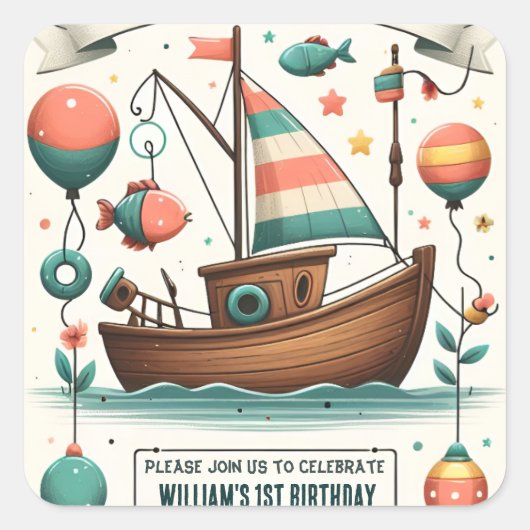 ジョイ・ボートかわいい男の子フィッシュ通常1日の誕生日 スクエアシール (正面)