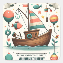 ジョイ・ボートかわいい男の子フィッシュ通常1日の誕生日 スクエアシール