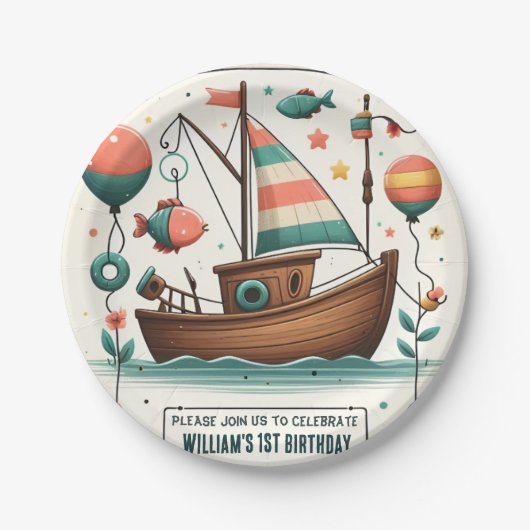 ジョイ・ボートかわいい男の子フィッシュ通常1日の誕生日 ペーパープレート (正面)