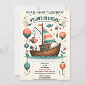 ジョイ・ボートかわいい男の子フィッシュ通常1日の誕生日 招待状 (正面)