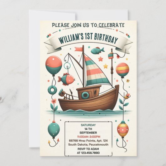 ジョイ・ボートかわいい男の子フィッシュ通常1日の誕生日 招待状 (正面)