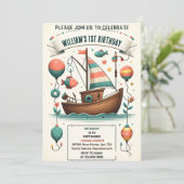 ジョイ・ボートかわいい男の子フィッシュ通常1日の誕生日 招待状 (スタンド正面)