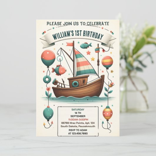 ジョイ・ボートかわいい男の子フィッシュ通常1日の誕生日 招待状 (スタンド正面)