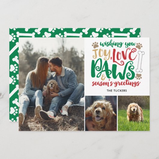 ジョイ・ラブ・ポーズ・シーズンの挨拶、緑の犬3枚の写真 シーズンカード (正面/裏面)