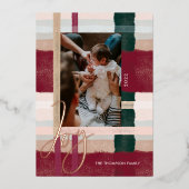 ジョイ |緑モダンと赤の水彩写真 箔シーズンカード (正面)