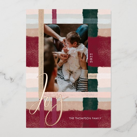 ジョイ |緑モダンと赤の水彩写真 箔シーズンカード (正面)