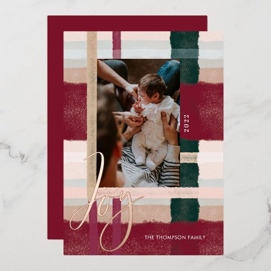 ジョイ |緑モダンと赤の水彩写真 箔シーズンカード (正面/裏面)