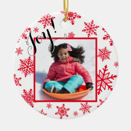 ジョイ！赤と白の雪片ラウンドクリスマスフォト セラミックオーナメント