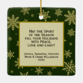 ジョイ!金ゴールドスノーフレークスハンターグリーンホリデーフォト セラミックオーナメント (裏面)