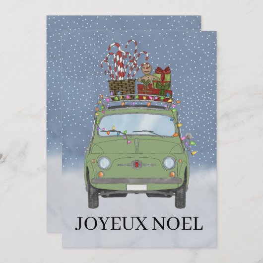 ジョエウノエルフランスのクリスマスグリーンフィアット500 シーズンカード (正面/裏面)