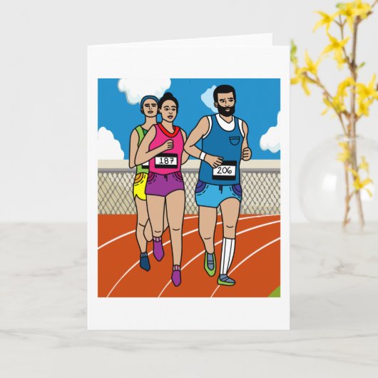 ジョギングマラソンランナーと列車 カード (黄色い花)
