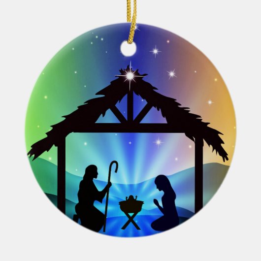 ジョセフとメアリーとのマンガーのシーン セラミックオーナメント (正面)