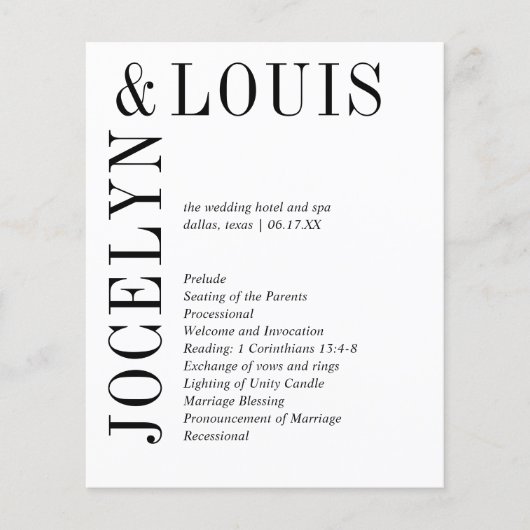 ジョセリンブラックアンドホワイトモダン結婚式 プログラム チラシ (正面)