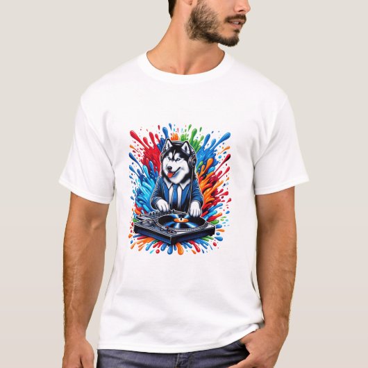 ジョッキー・シベリアンハスキー・DJ・ドッグ Tシャツ (正面)