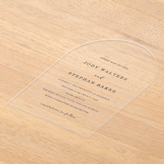 ジョディシンプルエレガントなウェディング日付を保存 アクリル招待状 (レイダウン)