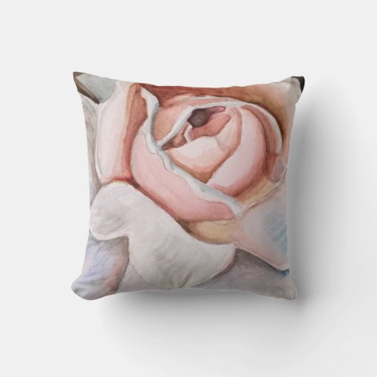 ジョディ・マハフィーによる水彩色のソフトピンクのバラ クッション (正面)