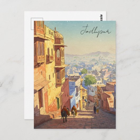 ジョドプールインディアブルーハウスウォーターカラー ポストカード (正面/裏面)