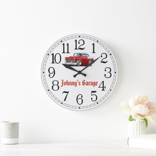 ジョニーズガレージレッド&ホワイトクラシックカークロック ラージ壁時計 (ホーム)