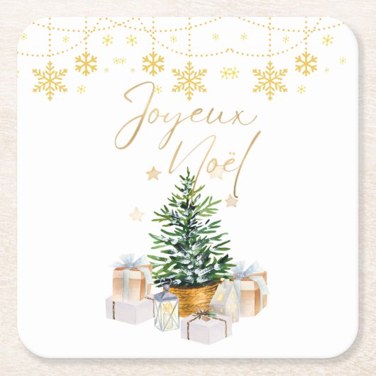 ジョユーノールクリスマスツリー金ゴールド雪片 スクエアペーパーコースター (正面)