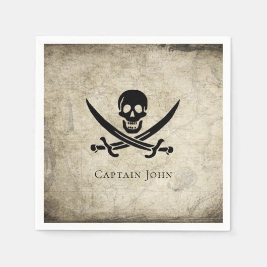 ジョリーロジャーとヴィンテージマップ上の名前 スタンダードカクテルナプキン (正面)