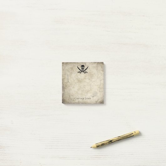 ジョリーロジャーとヴィンテージマップ上の名前 ポストイット (デスク上)