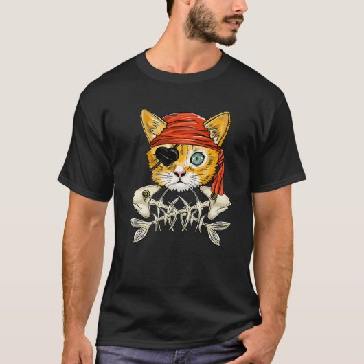 ジョリーロジャー国旗のスカルとクロスボーンおもしろい- Cat Tシャツ (正面)
