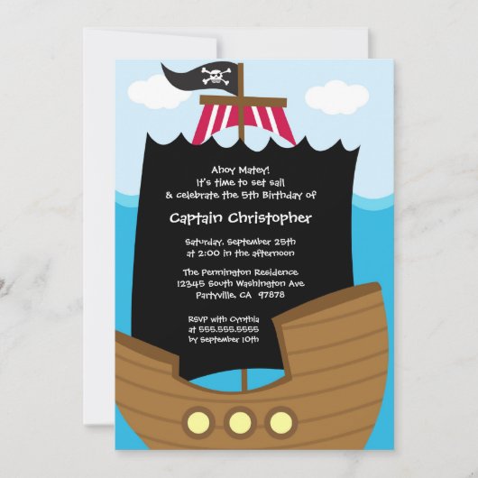 ジョリーロジャー船海賊誕生日パーティーの招待状 招待状 (正面)