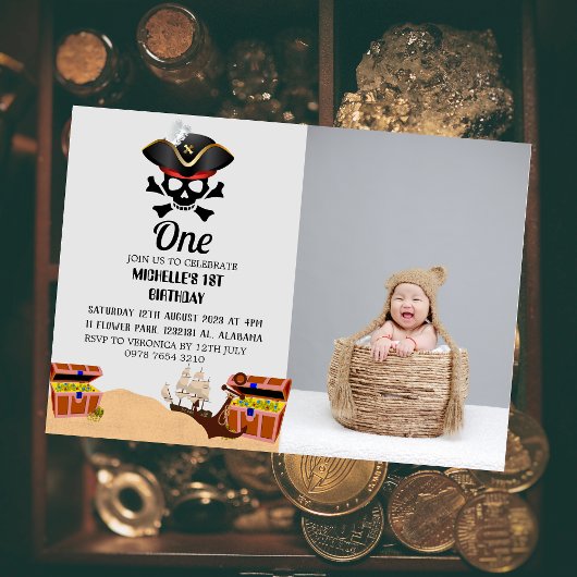 ジョリー・ロジャー・パイレーツ | シンプルなファーストバースデー写真 招待状