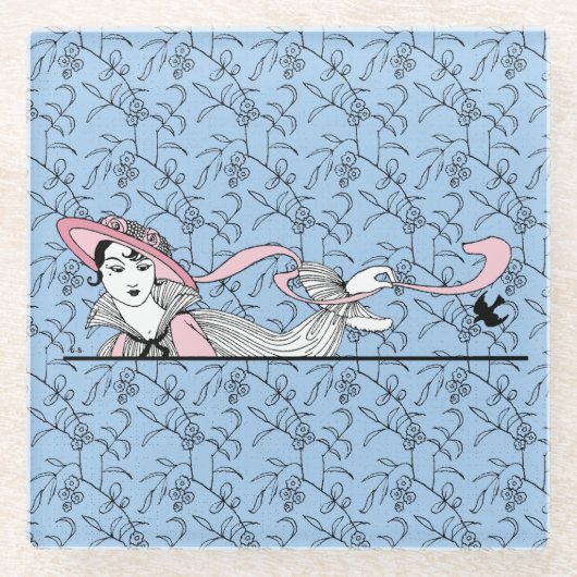 ジョルジュ・バービエ1920年代ファッションレディ&バード ガラスコースター (正面)