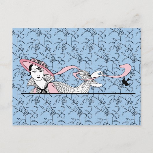 ジョルジュ・バービエ1920年代ファッションレディ&バード ポストカード (正面)