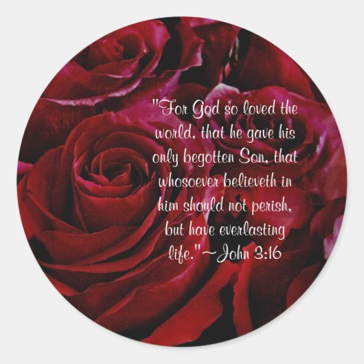 ジョン3:16赤いバラのステッカー ラウンドシール (正面)